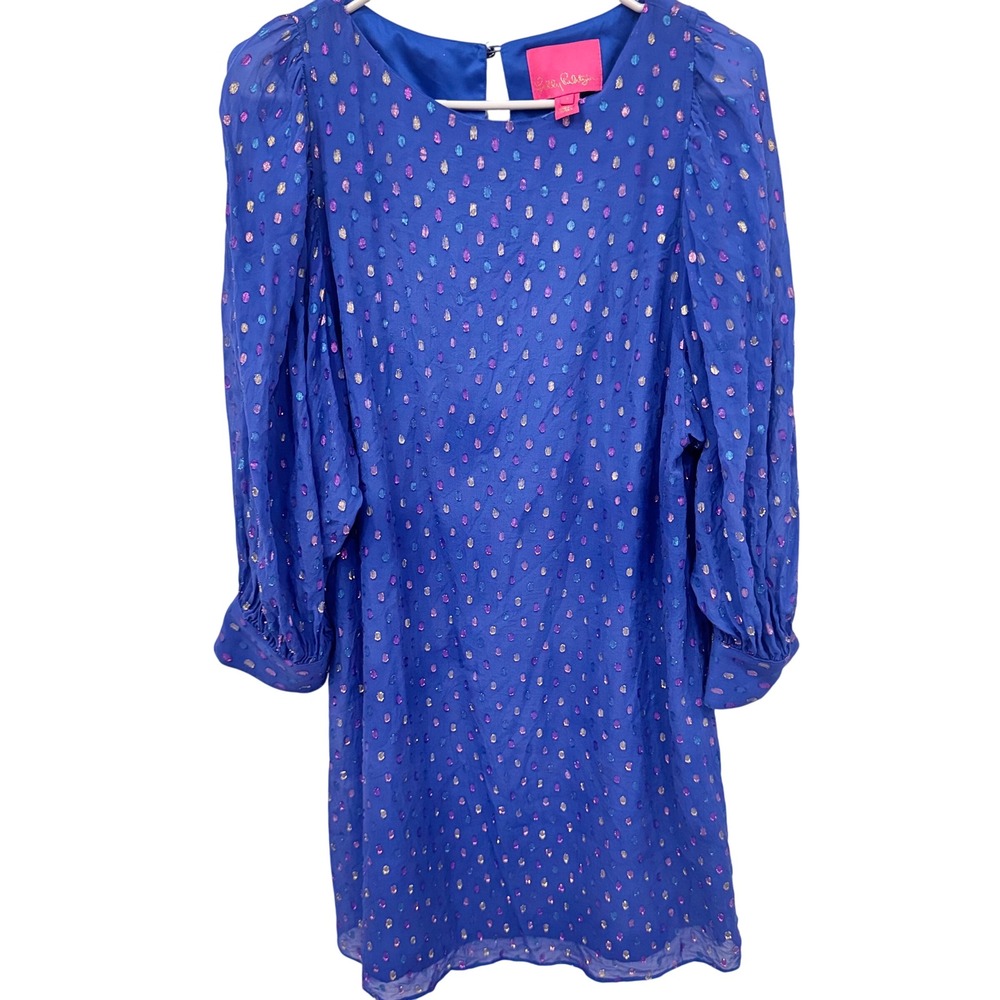 Lilly Pulitzer Silk Maisel Mini Dress Bishop Sleeve Party Cocktail Blue Size Sm4 - Picture 2 of 11